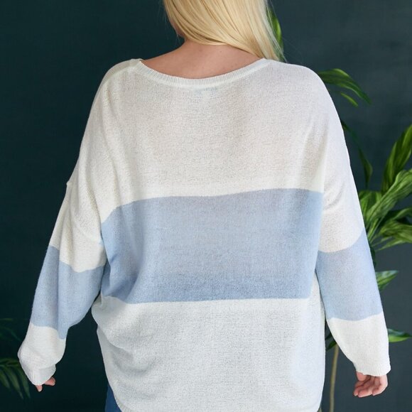DAVI & DANI Plus Size Light Blue & White Colorblock Lightweight Sweater, Casual - Picture 4 of 9
